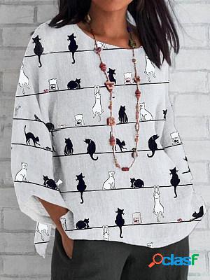 Casual cat print crew neck long sleeve blouse