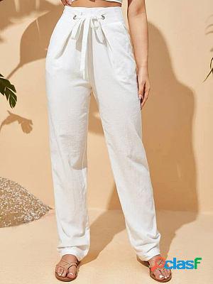 Casual loose solid color lace-up straight pants