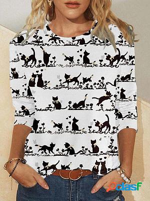 Casual cat print round neck long sleeve t-shirt