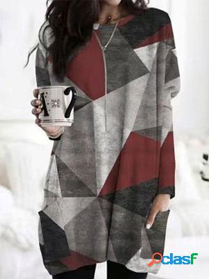 Color Block Print Slouchy Pocket Long Sleeve Shift Dresses