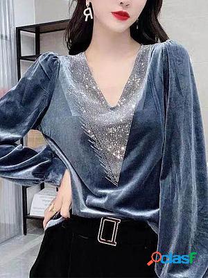 V-neck Gold Velvet Diamond Fashion Bottoming Shirt Long sleeve T-shirts